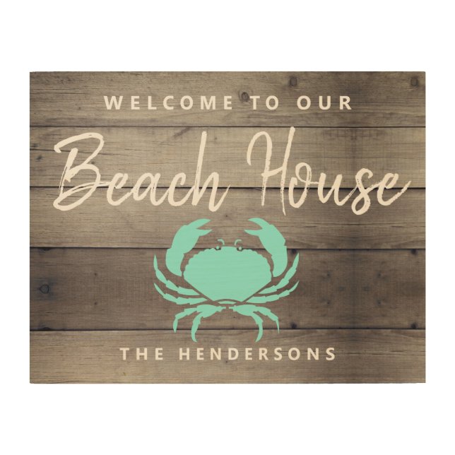 Welcome To Our Beach House Crab Personalized Wood Wall Art (Front)
