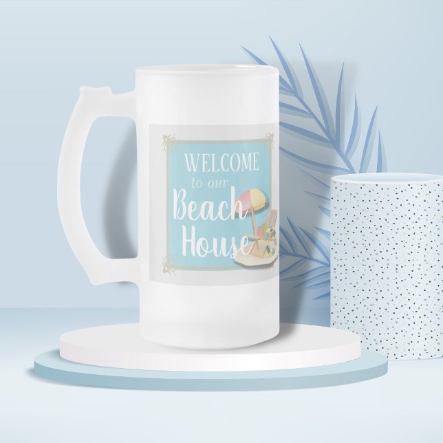 WELCOME to our Beach House - Design No 1 Frosted Glass Beer Mug (Creator Uploaded)