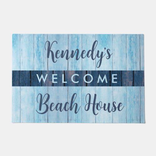 Welcome To Our Beach House Family Name Blue Wood  Doormat