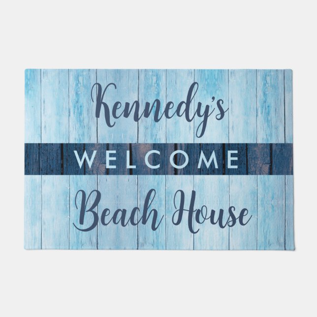 Welcome To Our Beach House Family Name Blue Wood  Doormat (Front)