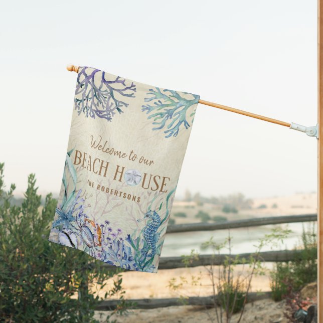 Welcome To Our Beach House Family Name Coastal House Flag (Insitu (Back))