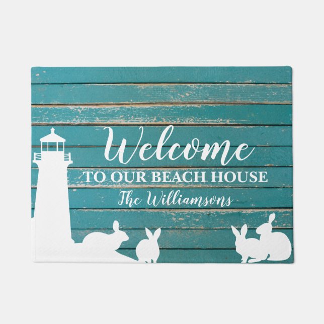 Welcome to Our Beach House Lighthouse Bunnies Doormat (Front)