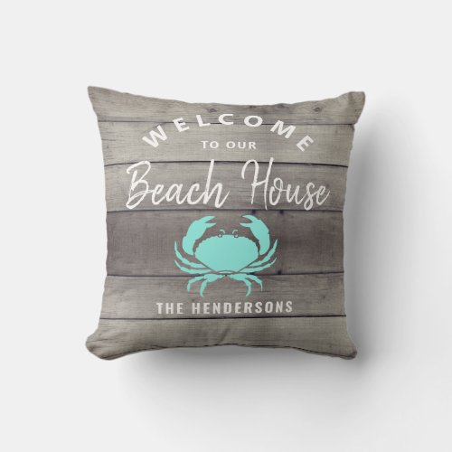 Welcome To Our Beach House Nautical Crab Monogram Throw Pillow