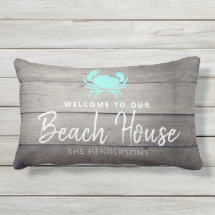 Welcome To Our Beach House Nautical Name Outdoor Lumbar Pillow
