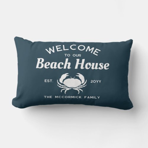 Welcome To Our Beach House Navy Blue Crab Monogram Lumbar Pillow