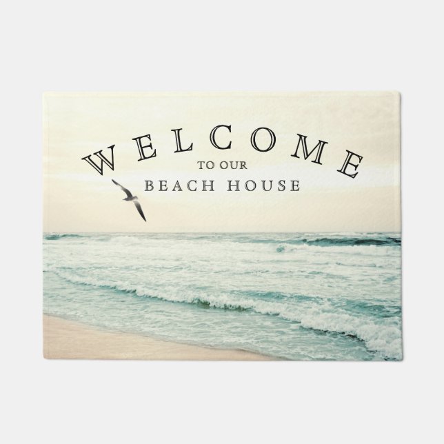 Welcome to Our Beach House Ocean Seagull Coastal Doormat (Front)