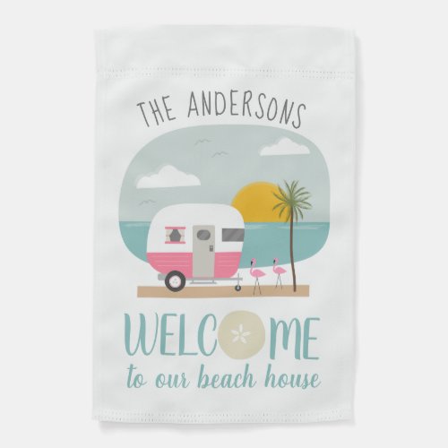 Welcome To Our Beach House Pink Camper Palm Tree Garden Flag
