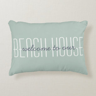 Welcome To Our Beach House Quote Green Decorative Accent Pillow