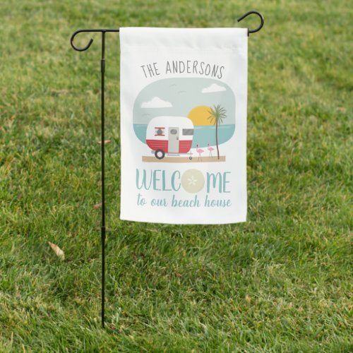 Welcome To Our Beach House Red Camper Palm Tree Garden Flag