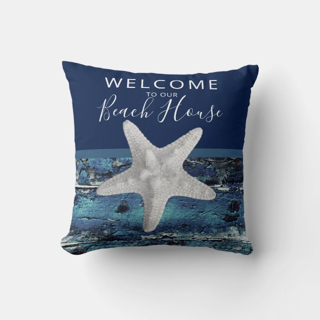  Welcome to Our Beach House Rustic Nautical Navy Throw Pillow (Front)