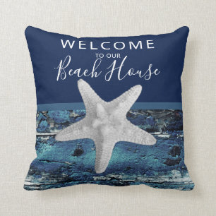 Welcome to Our Beach House Rustic Nautical Navy Throw Pillow