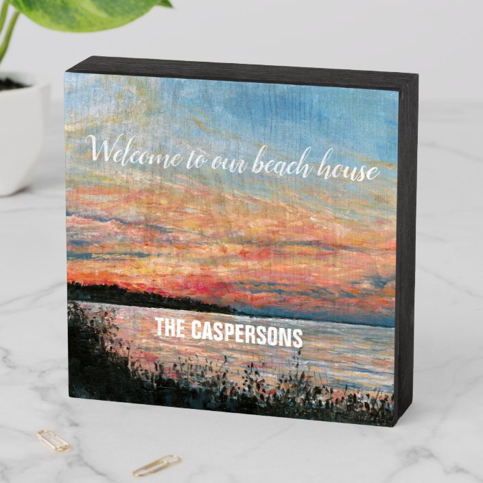 Welcome To Our Beach House Sunset With Name Wooden Box Sign Zazzle Com