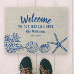 Welcome to Our Beach House Vintage Shells Custom Doormat<br><div class="desc">Greet visitors to your beach house with this super cute door mat featuring vintage shells set against a faux tan linen background.  Add 4 lines of custom text to personalize.  Perfect for a beach house,  vacation rental,  seaside cottage - makes a wonderful housewarming gift too.</div>