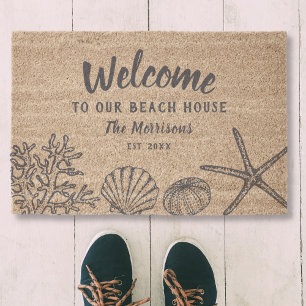 Welcome to our Beach House Vintage Shells, Custom  Fiber Doormat