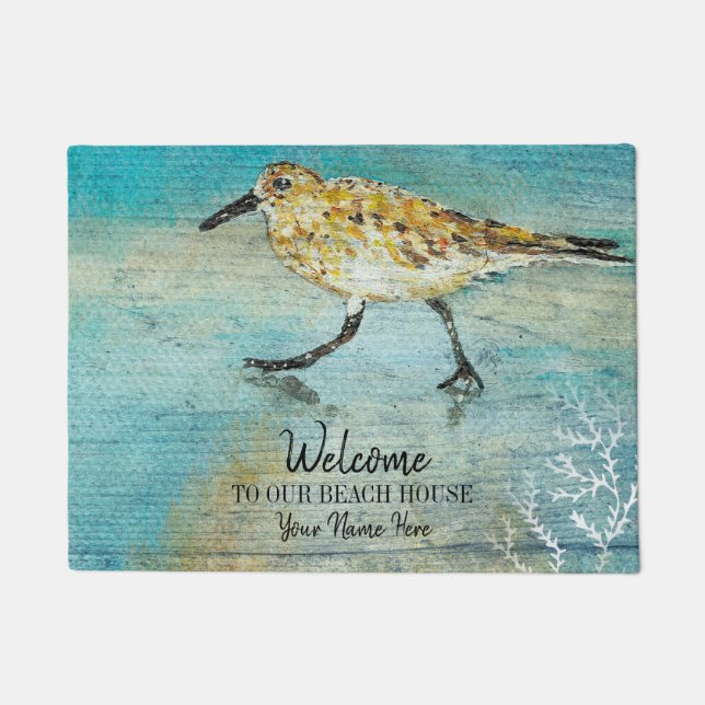 Welcome To Our Beach House Weathered Sandpiper Art Doormat (Front)