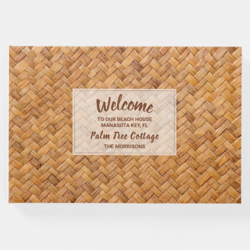 Welcome to our Beach House Woven Palm Leaf Mat Guest Book