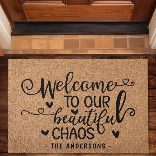 Welcome To Our Beautiful Chaos Family Faux Burlap Doormat