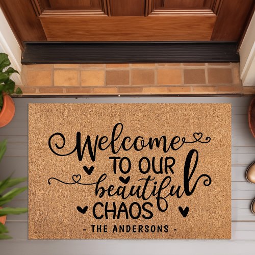 Welcome To Our Beautiful Chaos Family Faux Burlap Doormat