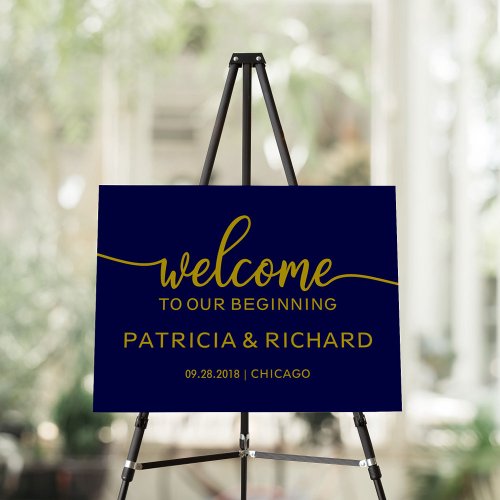 Welcome to Our Beginning Blue Gold Wedding Sign