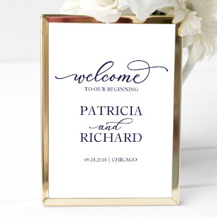 Welcome To Our Beginning Chic Navy Blue Sign