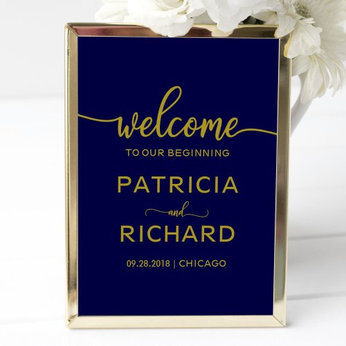 Welcome to our Beginning  Gold Navy Blue Sign