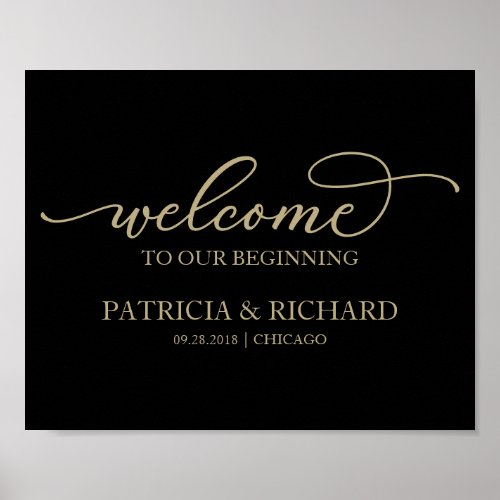 Welcome To Our Beginning Gold Script Black Sign