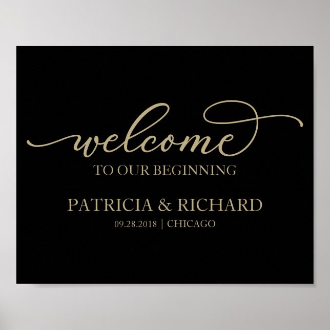 Welcome To Our Beginning Gold Script Black Sign (Front)