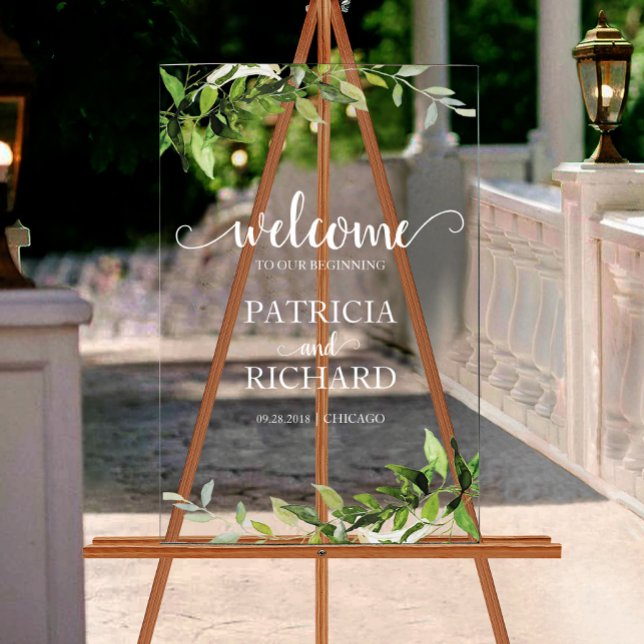 Welcome To Our Beginning Greenery Wedding Acrylic Sign (Creator Uploaded)