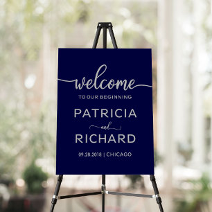 Welcome to our Beginning Navy Blue Silver Sign