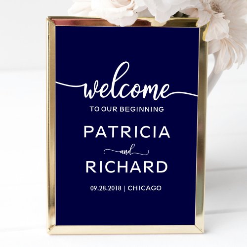 Welcome to our Beginning  Navy Blue Wedding Sign