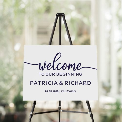 Welcome to Our Beginning Navy Blue Wedding Sign