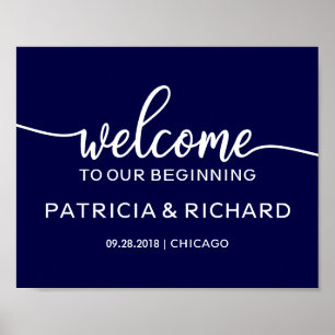 Welcome to Our Beginning Navy Blue Wedding Sign
