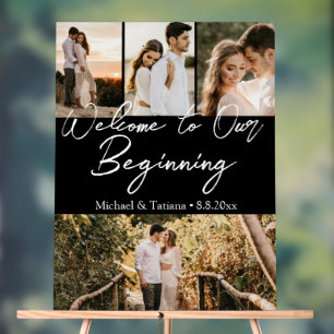 welcome to our beginning wedding 4 photos black acrylic sign