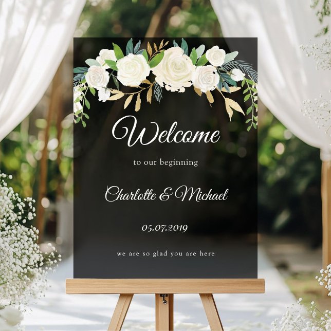 Welcome to our beginning! Wedding Acrylic Sign (Welcome to our beginning! Floral, white and greenery, wedding, acrylic sign.)