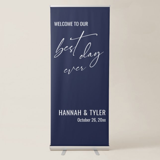 Welcome to Our Best Day Ever Navy Blue Wedding Retractable Banner (Front)