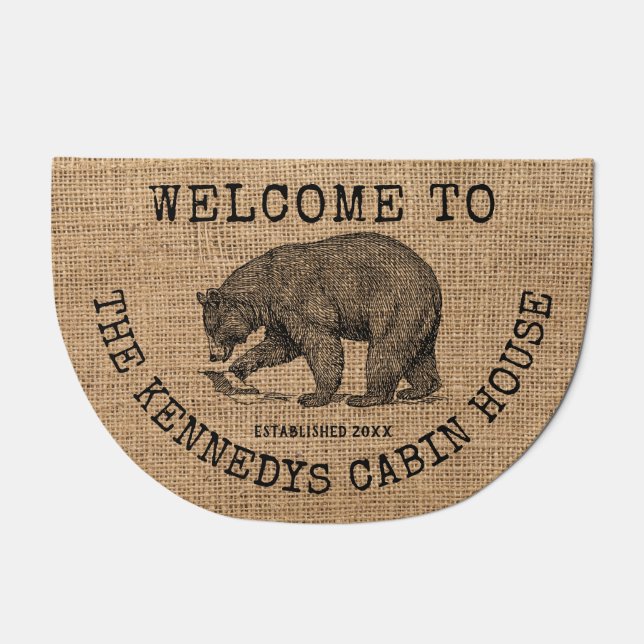 Welcome To Our Cabin Bear Burlap Family Name  Doormat (Front)
