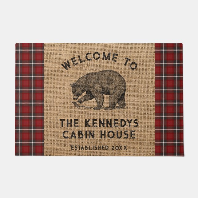 Welcome To Our Cabin Bear Family Name Burlap Plaid Doormat (Front)