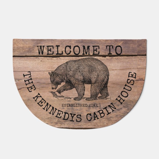 Welcome To Our Cabin Bear Family Name Rustic Wood Doormat (Front)