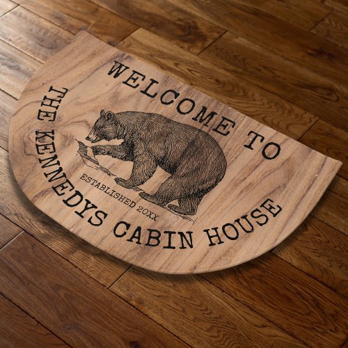 Welcome To Our Cabin Bear Wood Family Name Doormat