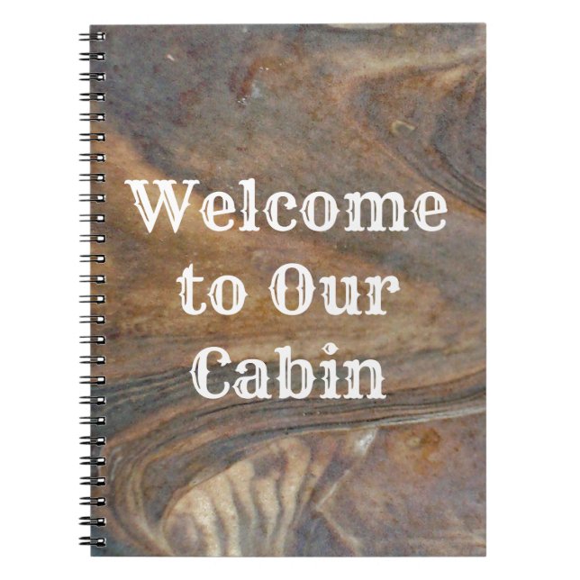 Welcome to Our Cabin Brown Woodgrain Photo Guest Notebook (Front)
