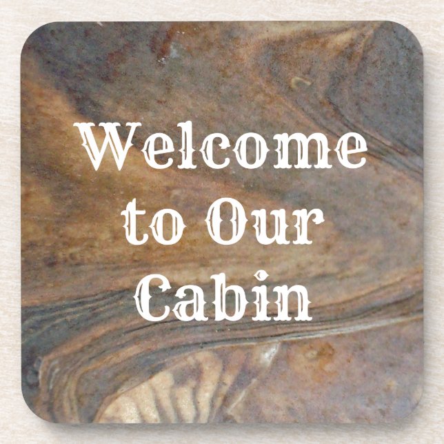 Welcome to Our Cabin Brown Woodgrain Photo Rental Beverage Coaster (Front)