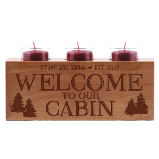 Welcome To Our Cabin Couple's Wooden Candle Holder (Front)