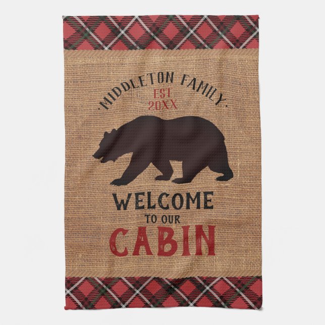 Welcome to our Cabin in a Burlap and Plaid Kitchen Towel (Vertical)