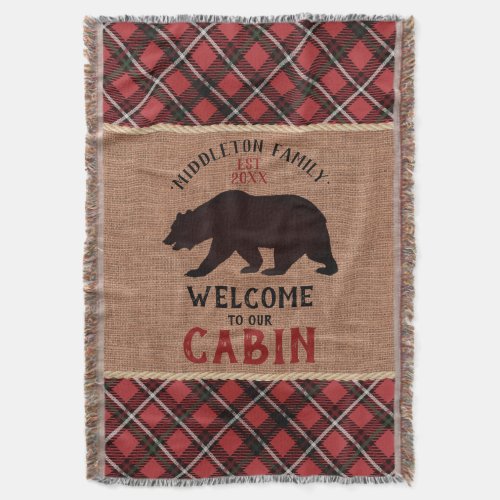 Welcome to our Cabin in a Burlap and Plaid  Throw Blanket