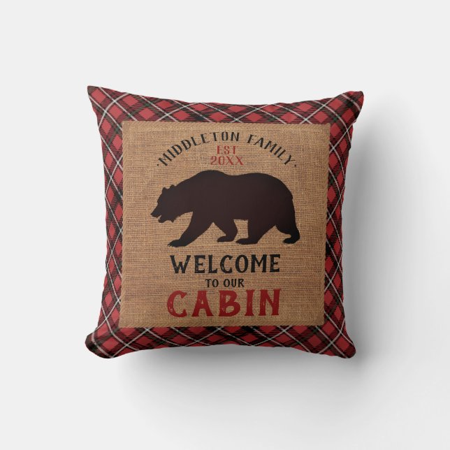 Welcome to our Cabin in a Burlap and Plaid Throw Pillow (Front)