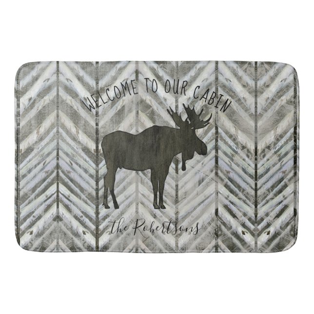 Welcome to our Cabin Moose Rustic Lodge Bath Decor Bath Mat (Front)
