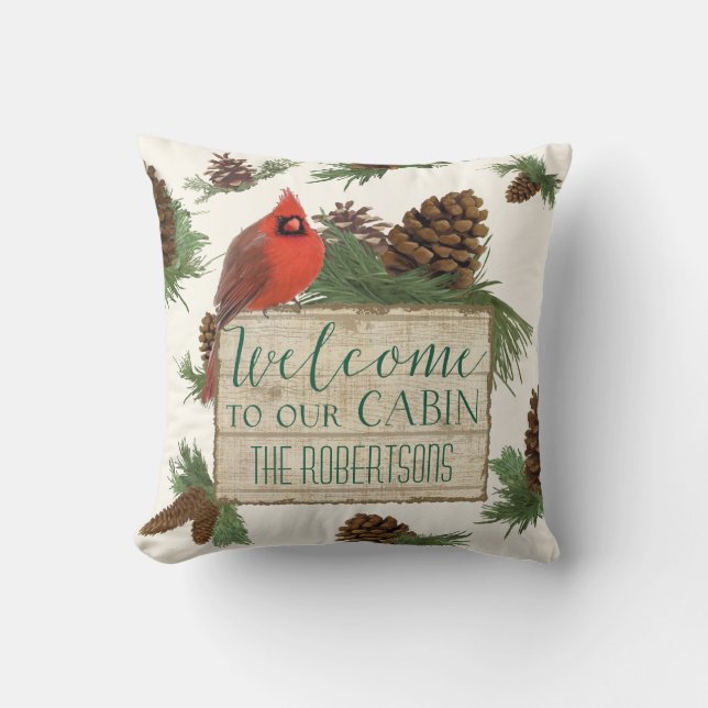 Welcome to our Cabin Personalized Rustic Decor Throw Pillow (Front)