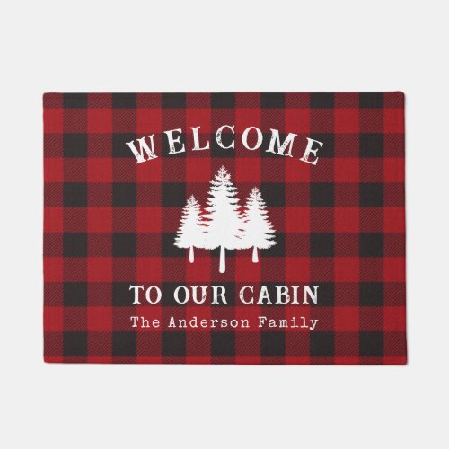 Welcome To Our Cabin Trees Red Buffalo Plaid Doormat