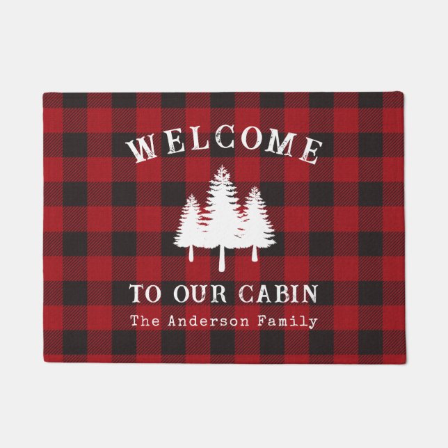 Welcome To Our Cabin Trees Red Buffalo Plaid Doormat (Front)