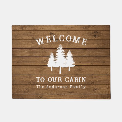 Welcome To Our Cabin Trees Wood Style Print Doormat